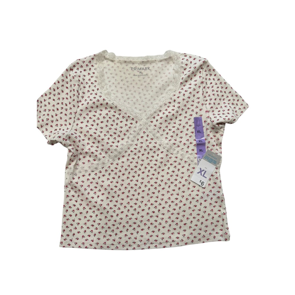 Primark Womens XL Floral Ribbed Lace Trim V-Neck Tee White Pink Rosebud NWT